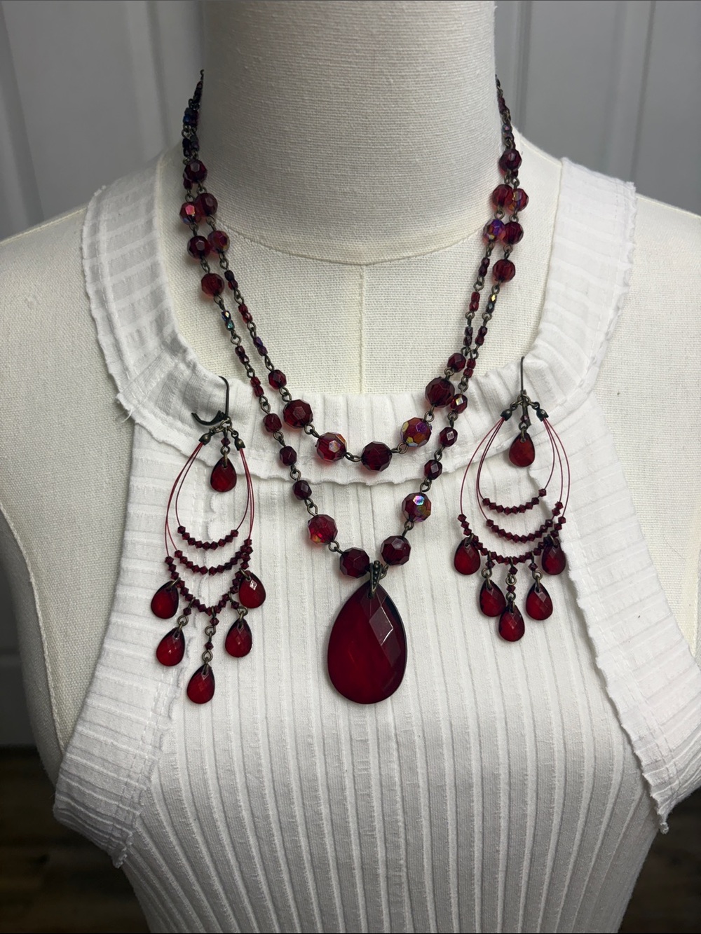 Red Teardrop Multi-Strand Necklace & Earrings Set